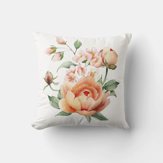 Almofada Peach Floral Watercolor Throw Pillow Cover (Frente)