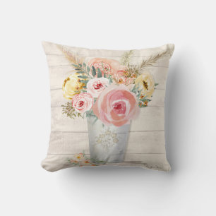 Almofada Peach Watercolor Buquê Floral Pampas Grass Wood