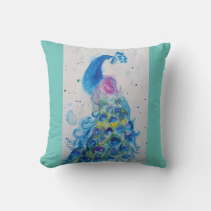 Almofada Peacock art Watercolor Painting Cushion Aqua menta