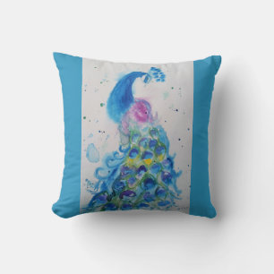 Almofada Peacock art Watercolor Painting Cushion Aqua Teal