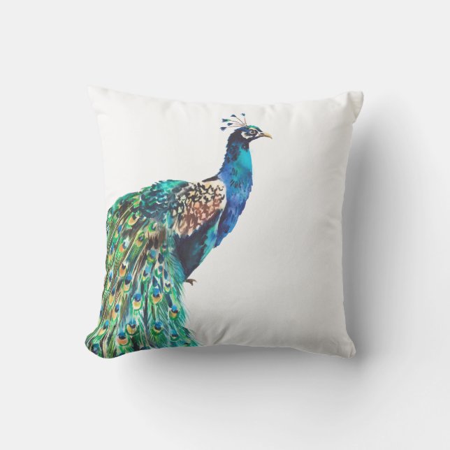Almofada Peacock Azul Turquesa Pássaro Branco (Frente)