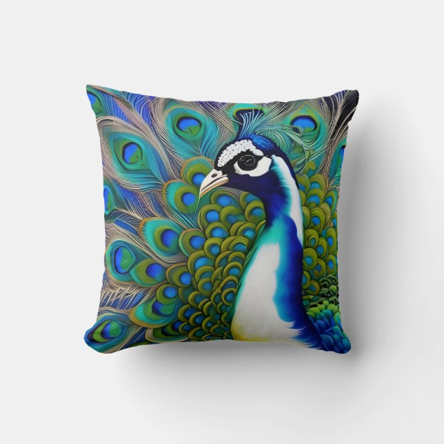 Almofada Peacock Branco Azul e Verde (Frente)