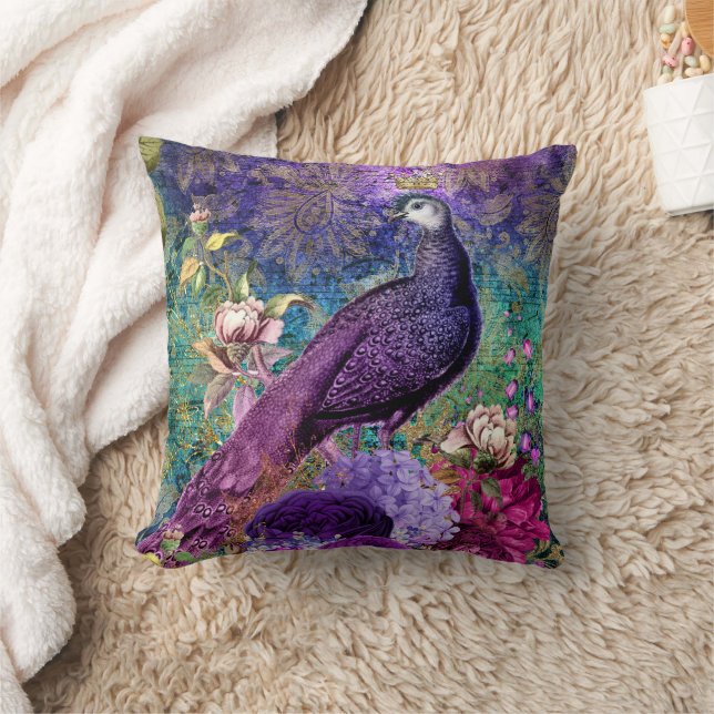 Almofada Peacock Purple Teal Floral Travesseiro decorativo (Cobertor)