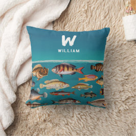 Almofada Peixe Monograma Sob Oceano Azul