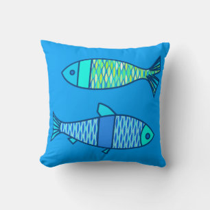 Almofada Peixes Modernos Retro, Turquesa e Azul Ceruleu