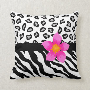 Almofada Pele preta & branca da zebra & da chita & flor