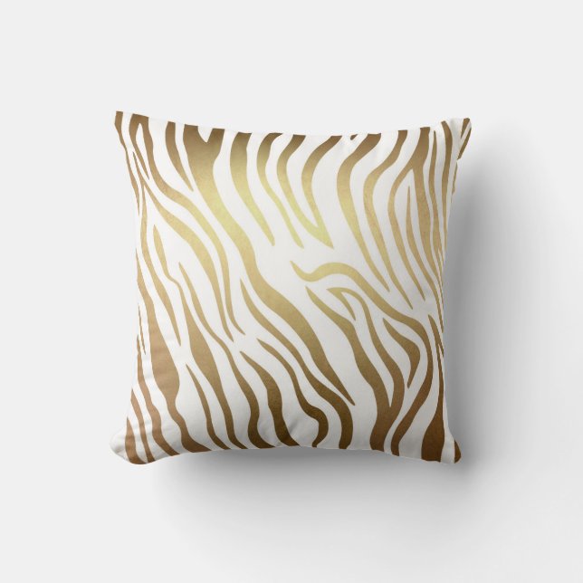 Almofada Pele Safari Branca de Zebra Ouro Contemporânea (Frente)