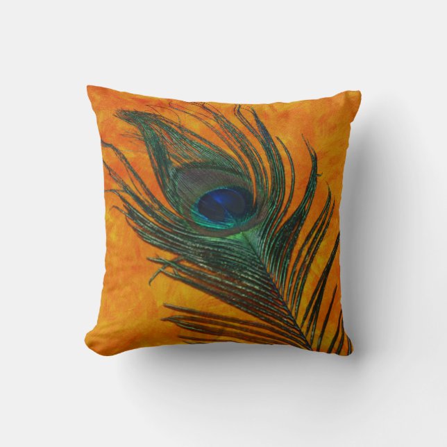 Almofada Pena do pavão com laranja (Frente)
