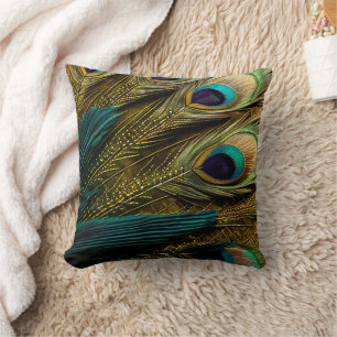 Almofada Penas de Pavão Dourado Azul Elegante-Abstrato Azul