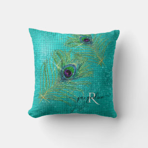 Almofada Penas de Peacock Aqua Glitter Girly Modern Sparkle