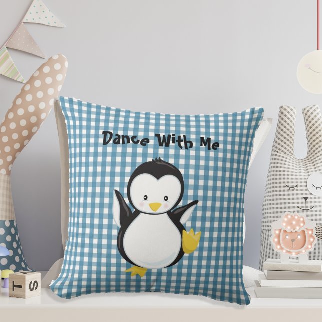 Almofada Penguin Dancing Blue Xadrez Gingham Personalizado (Criador carregado)