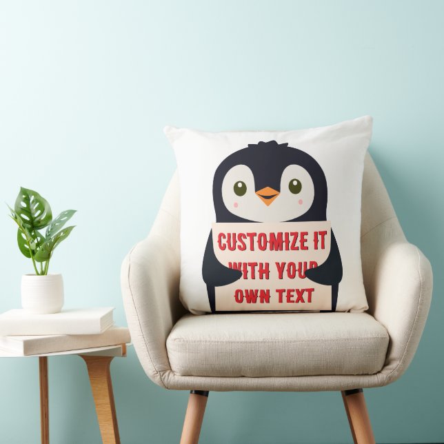 Almofada Penguin mascot holding a sign for custom text (Cadeira)