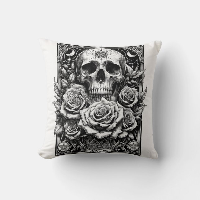 Almofada Pentáculo Crânio Esqueleto & Rosas Arte Tarô (Frente)