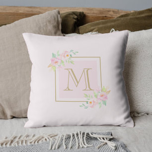 Almofada Peônia Rosa Bege Personalizada Inicial