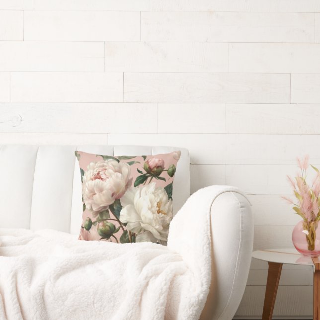 Almofada Peônias Rosa e Branco Elegantes (Sofá)