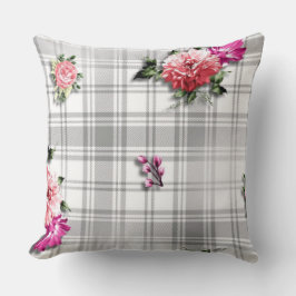 Almofada Peônias Rosa Vintage em Travesseiro Floral Xadrez 