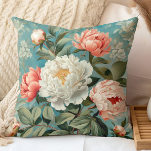 Almofada Peônias Vintage Coral e Azul