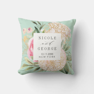 Almofada Peony e flores douradas monogramas manutenção do