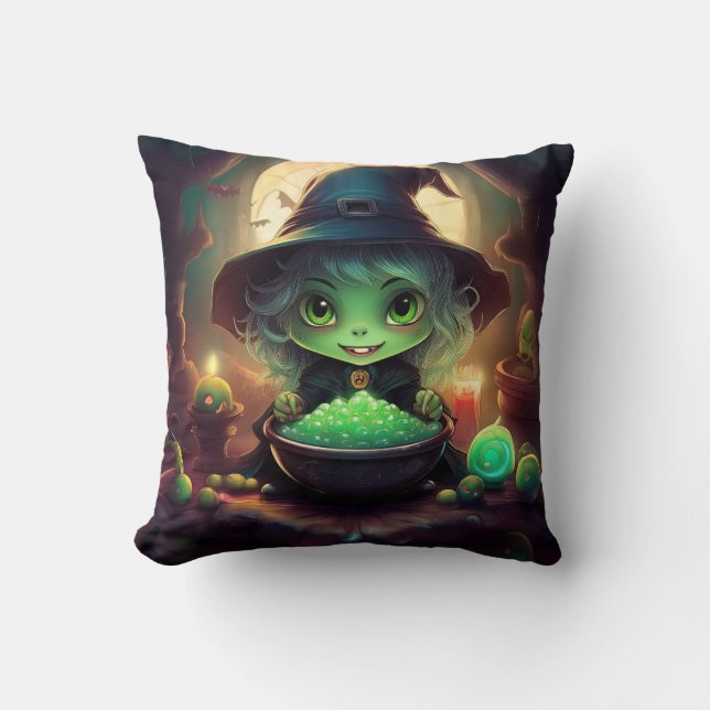 Almofada Pequena Bruxa Verde Com Doces (Frente)