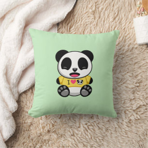 Almofada Pequeno Panda Bonito em Camiseta Amarela em Verde