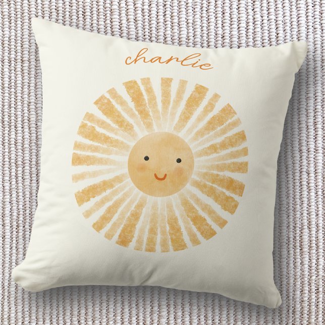 Almofada Pequeno Sol Personalizado (Happy little watercolor sunshine personalized custom name throw pillow, ideal for nursery decor)