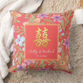 Almofada Peranakan vermelho floral duplo xi casamento chinê