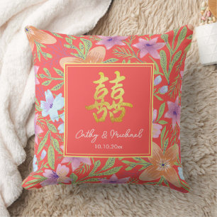 Almofada Peranakan vermelho floral duplo xi casamento chinê