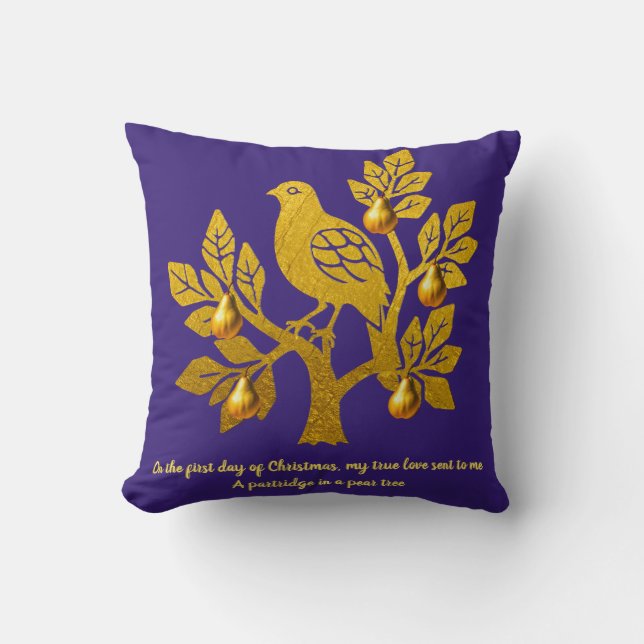 Almofada Perdiz Na Árvore De Pera Roxo Dourado Natal (Frente)