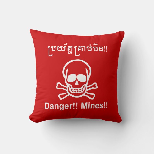 Almofada Perigo! Minas! ☠ Khmer - Sinal ☠ (Frente)