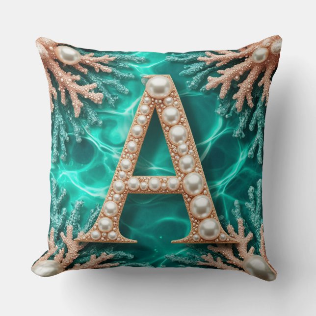 Almofada 🌊 Pérola Coral Teal Monograma Letra A Presente 🌊 (Frente)