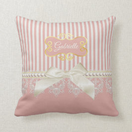 Almofada Pérolas e Arco de Creme de Stripes Rosa de Lace