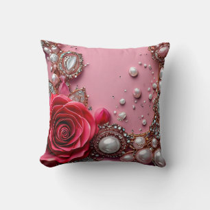 Almofada Pérolas e uma Rosa Vermelha Detalhada