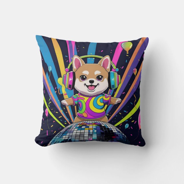 Almofada Perro Kawaii Shiba Inu Bailando Neón Retro (Frente)