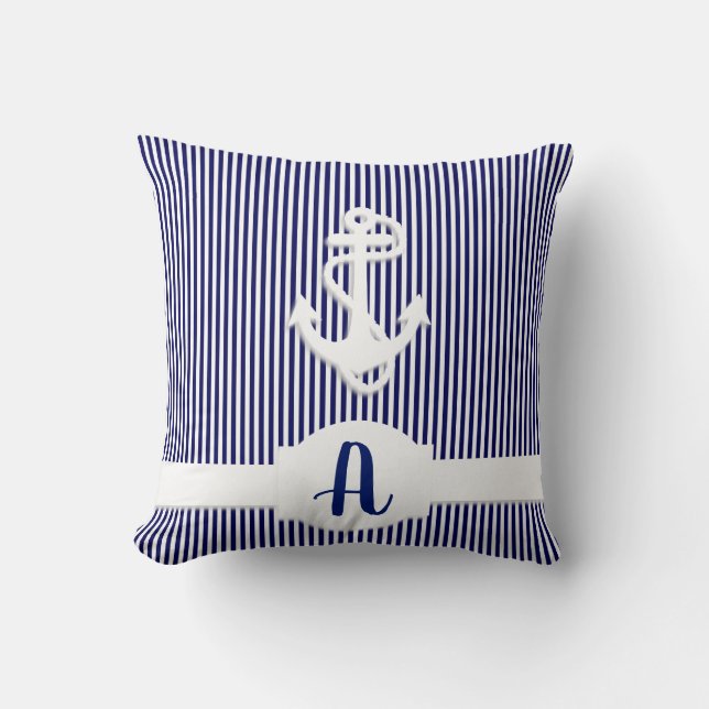 Almofada Personalizado do Monograma de Stripes e Âncoras (Frente)