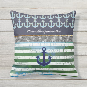 Almofada personalizado / nome / âncora / striped azul