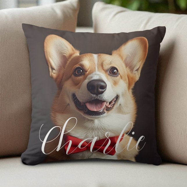 Almofada Personalizar Texto Fotográfico Nome Simples Caligr (Custom Pet Photo Script Name Simple Calligraphy Throw Pillow)