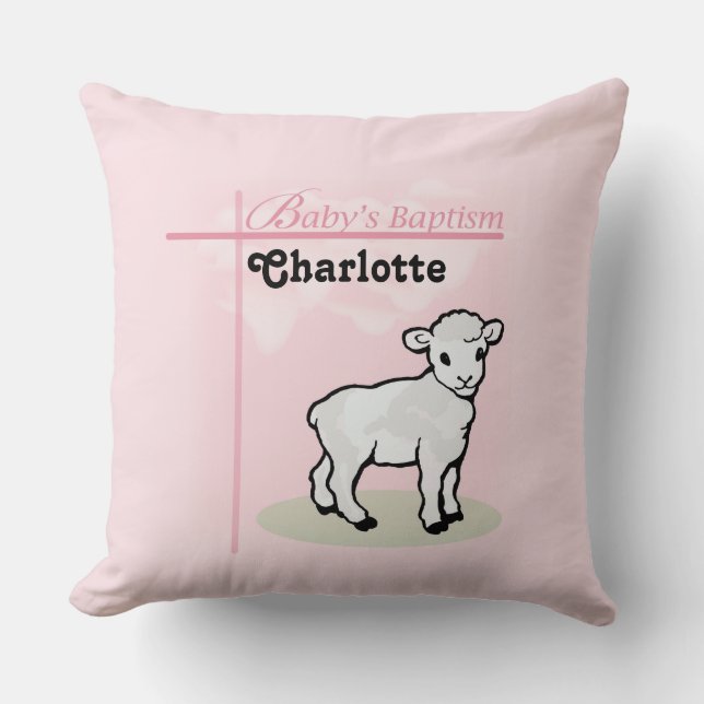 Almofada Personalizável, Batismo, Rosa, Menina, Cordeiro (Frente)