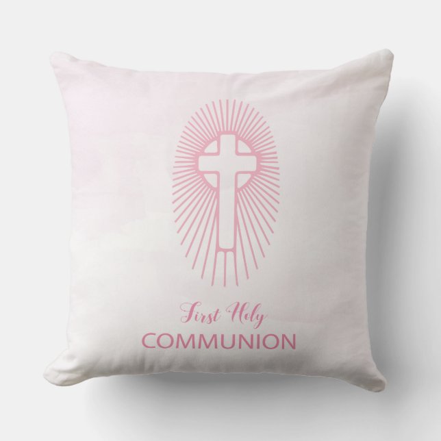 Almofada Personalize, Cruz da Primeira Comunhão Rosa (Frente)