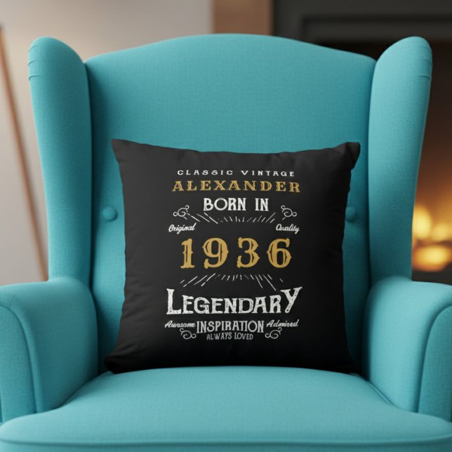 Almofada Personalized 90th Birthday Born 1936 Legend Black (Born 1936 throw pillow on a blue chair.)