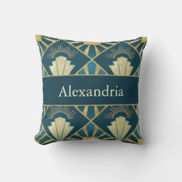 Almofada Personalized Art Deco Teal & Gold Geometric Name