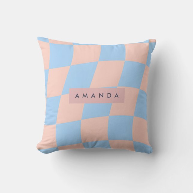 Almofada Personalized Baby Blue and Peach Wavy Checkered (Frente)