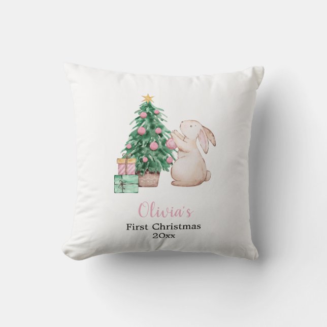 Almofada Personalized Baby’s First Christmas rabbit theme  (Frente)