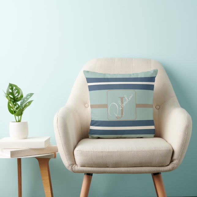 Almofada Personalized Blue Mint Tan Stripe Monogram Coastal (Cadeira)