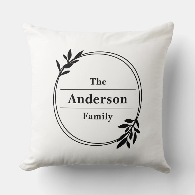 Almofada Personalized Family Name Wreath Black White Design (Frente)