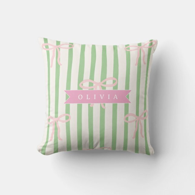 Almofada Personalized Girly Coquette Green Stripe Bow (Frente)