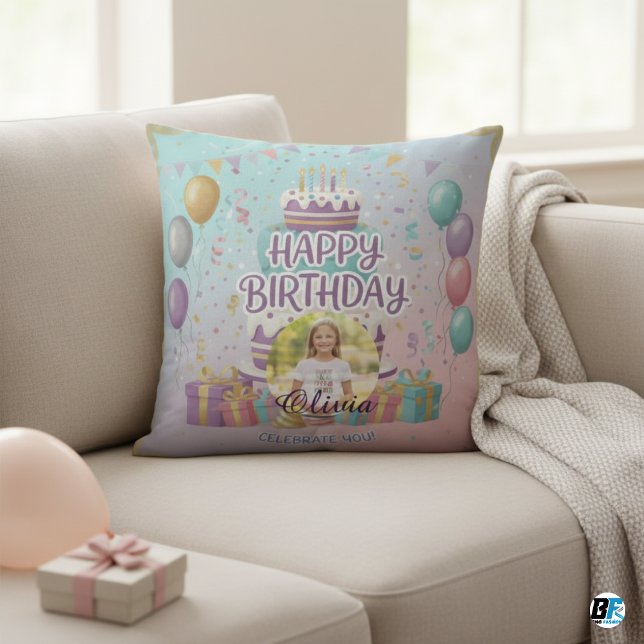 Almofada Personalized Happy Birthday Photo, Custom Name (Criador carregado)