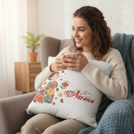 Almofada Personalized Happy Girl Floral Messy Bun Name