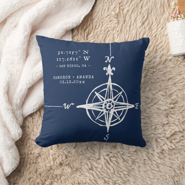 Almofada Personalized Nautical Coordinates & Compass Rose (Cobertor)