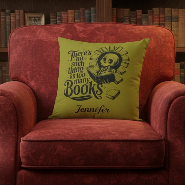 Almofada Personalized No Such Thing Too Many Bookworm (Olive green book worm throw pillow on red velvet chair.)