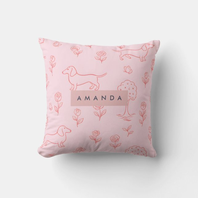 Almofada Personalized Pink Dachshund and Flower (Frente)